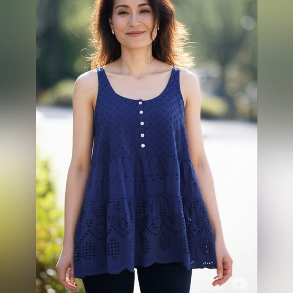 Lili Rose Womens Navy Boho Eyelet Tank S